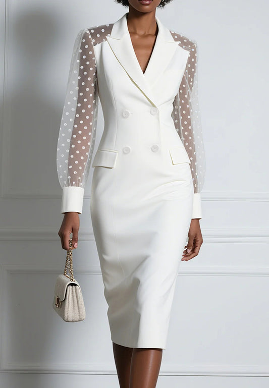 White Buckle Blazer Peaked Lapel Collar Long Sleeve Sheath Midi Dress