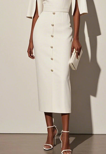 White Buckle Classic Crew Neck Short Sleeve Sheath Midi Dress