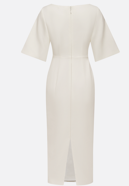 White Buckle Classic Crew Neck Short Sleeve Sheath Midi Dress