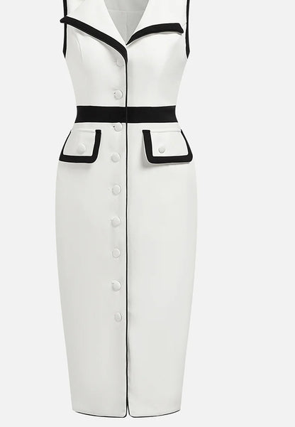 White Color Block Shawl Collar Sleeveless Knee-Length Sheath Dress