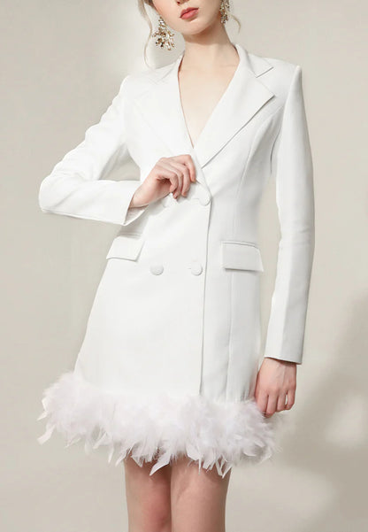 White Feathered Elegance Short Midi Blazer Dress