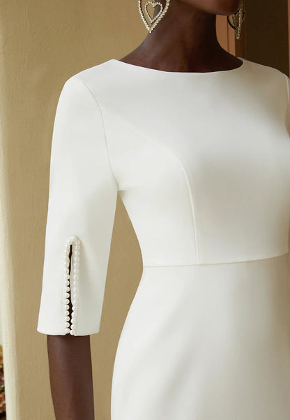 White Imitation Pearls Classic Crew Neck Half Sleeve Sheath Midi Dress