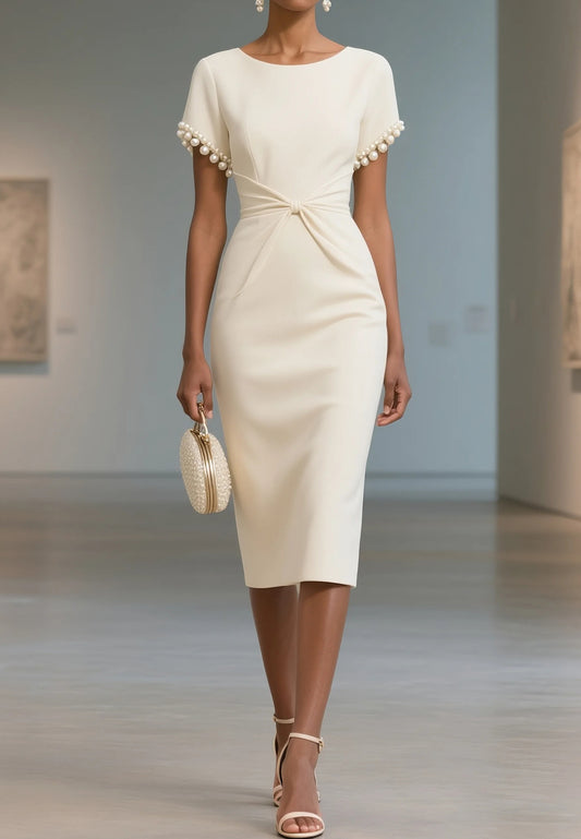 White Imitation Pearls Knot Front Classic Boat Neck Short Sleeve Sheath Midi Dress