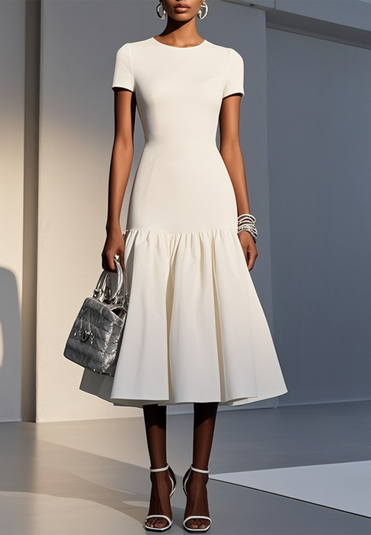 White Knit Cotton Crew Neck Short Sleeve Mermaid Midi Dress