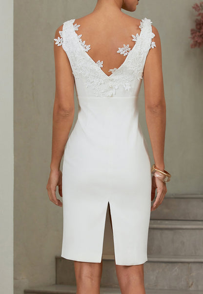 White Lace 3D Floral Classic Boat Neck Sleeveless Sheath Midi Dress
