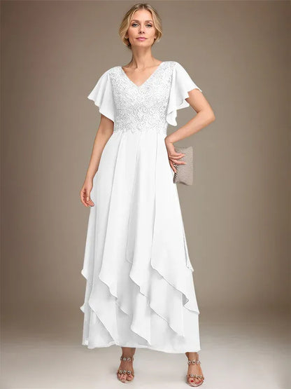A-line V-Neck Ankle-Length Lace Chiffon Mother of the Bride Dress With Cascading Ruffles