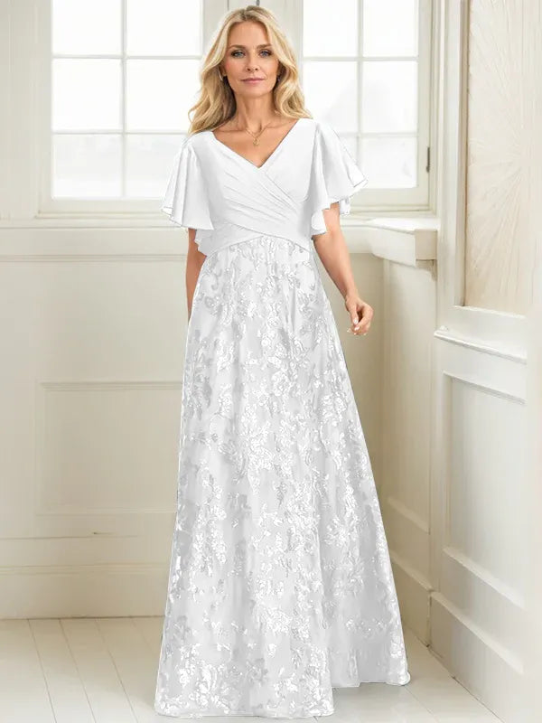 A-line V-Neck Floor-Length Lace Sequin Chiffon Mother of the Bride Dress With Pleated
