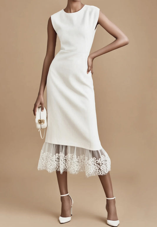Work Lace Dress White Crew Neck Midi Dress