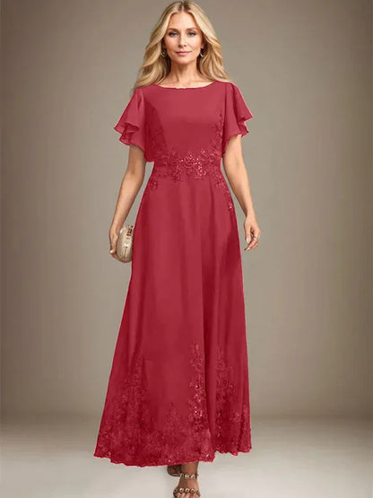 A-line Scoop Ankle-Length Lace Chiffon Mother of the Bride Dress With Sequins