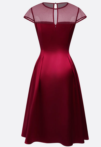 Wine Red Mesh Satin Crew Neck Short Sleeve A-Line Midi Dress