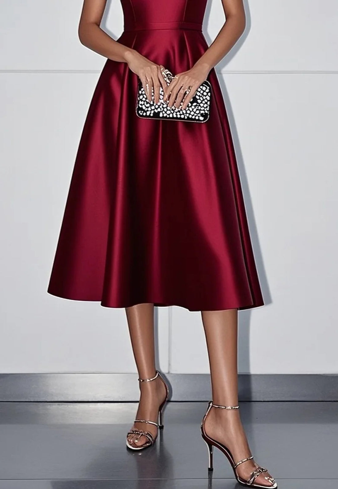 Wine Red Mesh Satin Crew Neck Short Sleeve A-Line Midi Dress