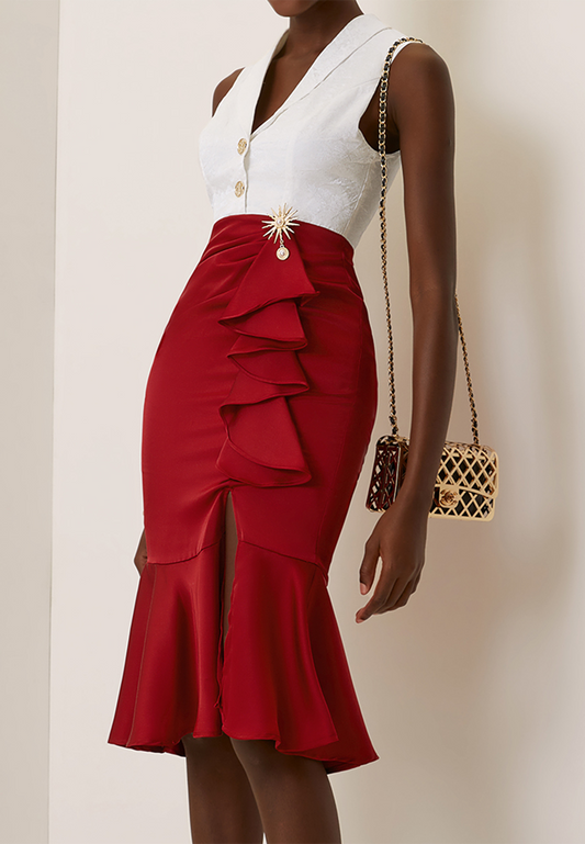 Wine Red Metal Mermaid Skirt Shawl Collar Sleeveless Sheath Midi Dress