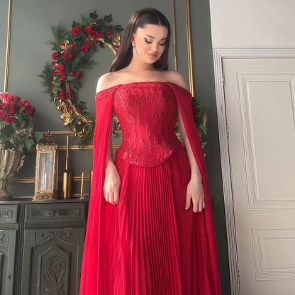 Luxury Red Beaded Corset Flowing Cape Sleeves Evening Dress