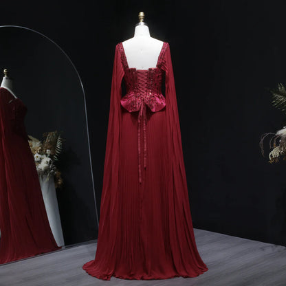 Luxury Red Beaded Corset Flowing Cape Sleeves Evening Dress