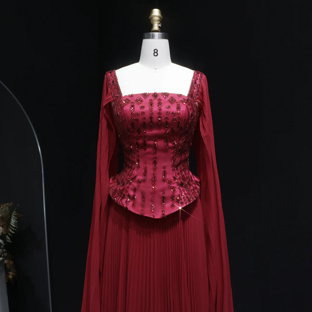 Luxury Red Beaded Corset Flowing Cape Sleeves Evening Dress