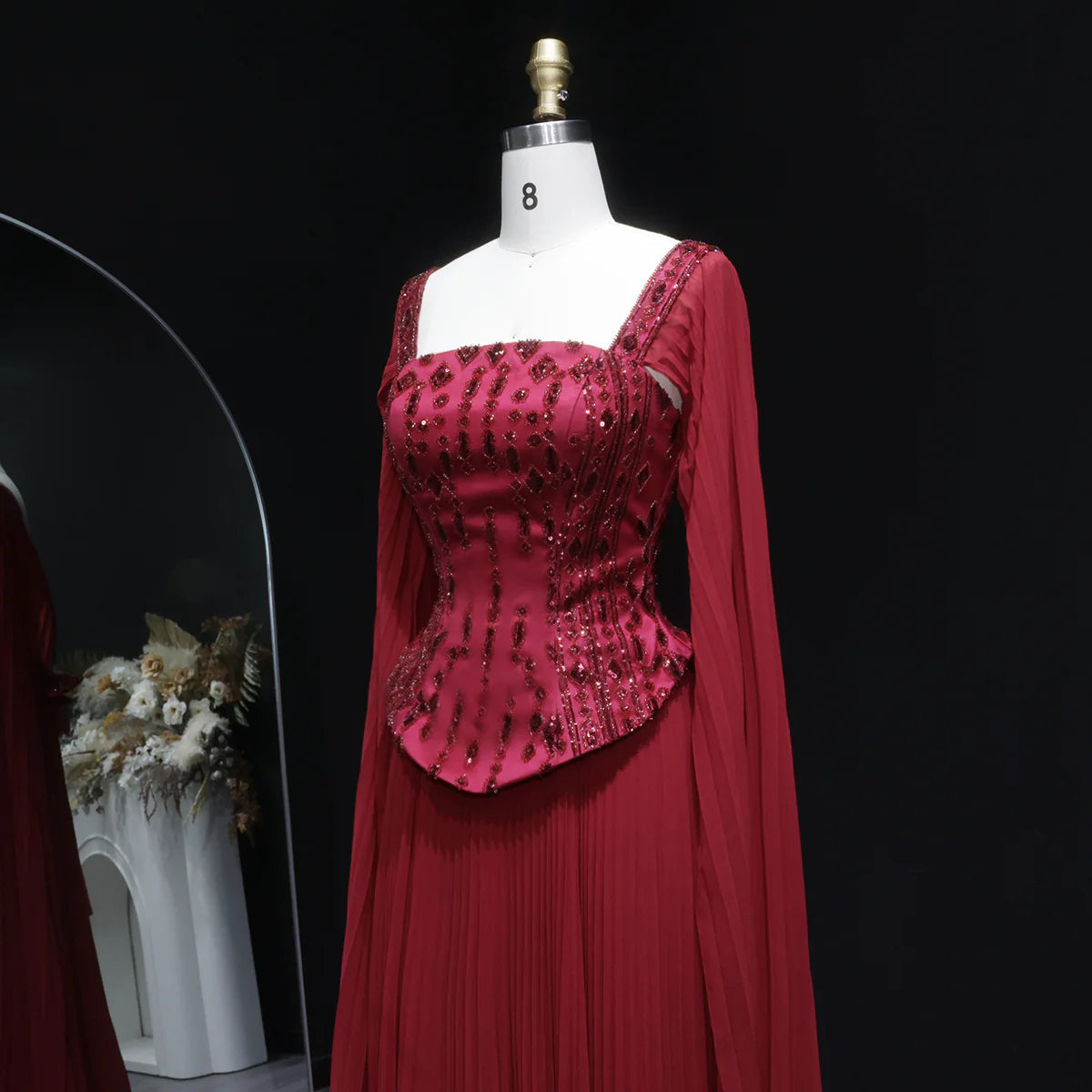 Luxury Red Beaded Corset Flowing Cape Sleeves Evening Dress