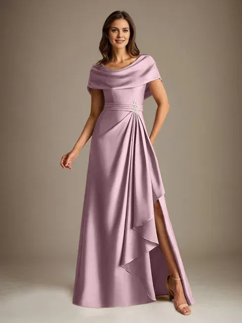 A-Line Scoop Floor-Length Stretch Satin Mother of the Bride Dress With Cascading Ruffles