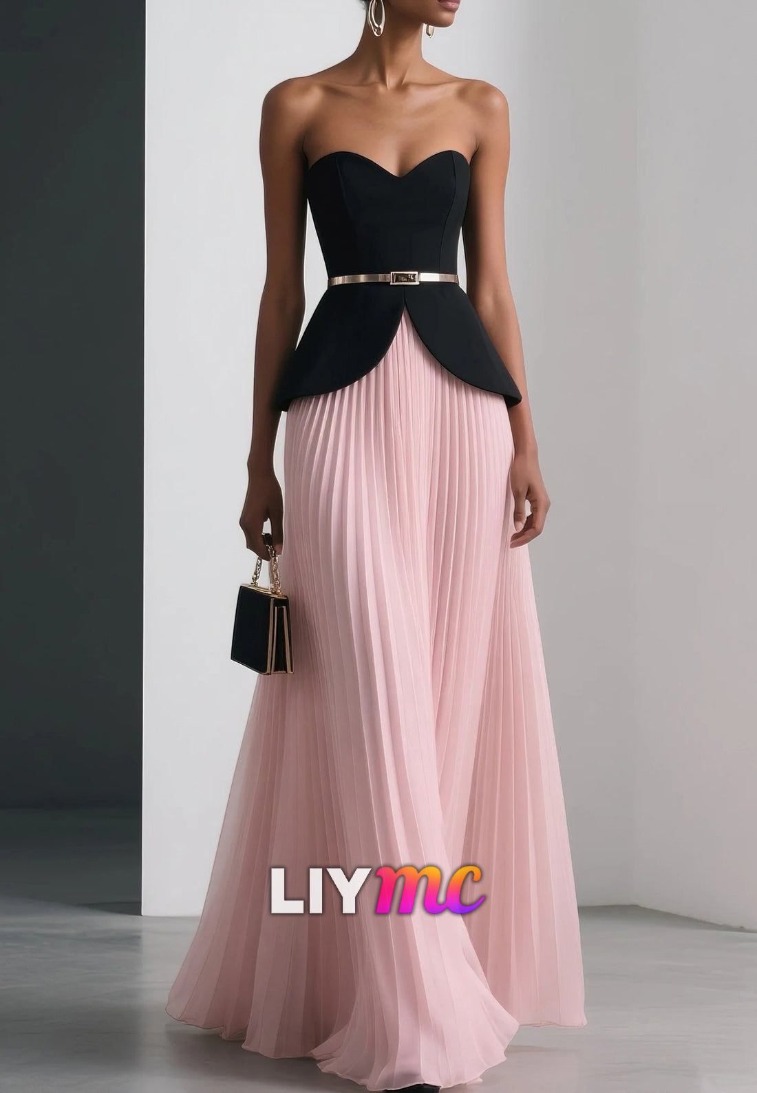 Women Pink Pleated Strapless Sleeveless Dressy Top With Skirt Two-Piece Set