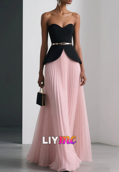Women Pink Pleated Strapless Sleeveless Dressy Top With Skirt Two-Piece Set