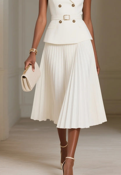 Women White Pleated Buckle Peaked Lapel Collar Sleeveless Dressy Top With Skirt