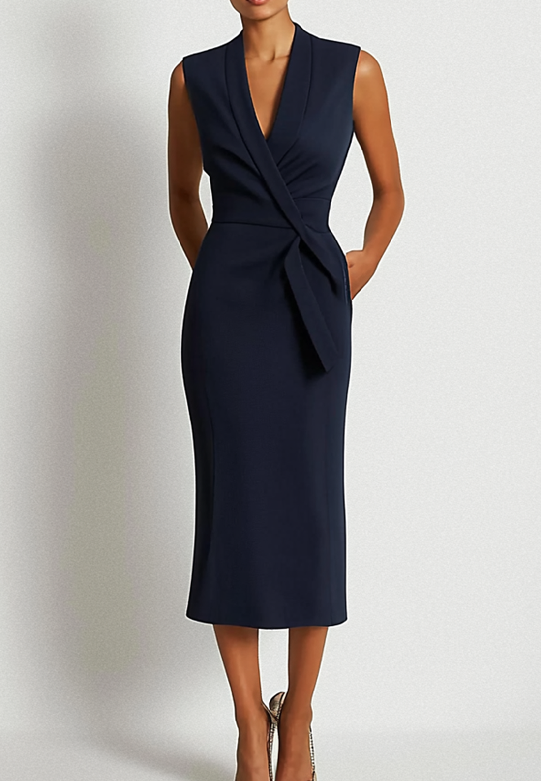 Work Business Dark Blue Dress Sleeveless Pencil V-Neck Sheath Midi Dres