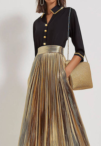 Work Daily Black Gold Dress Metallic Pleated Stavnd A-Line Dress