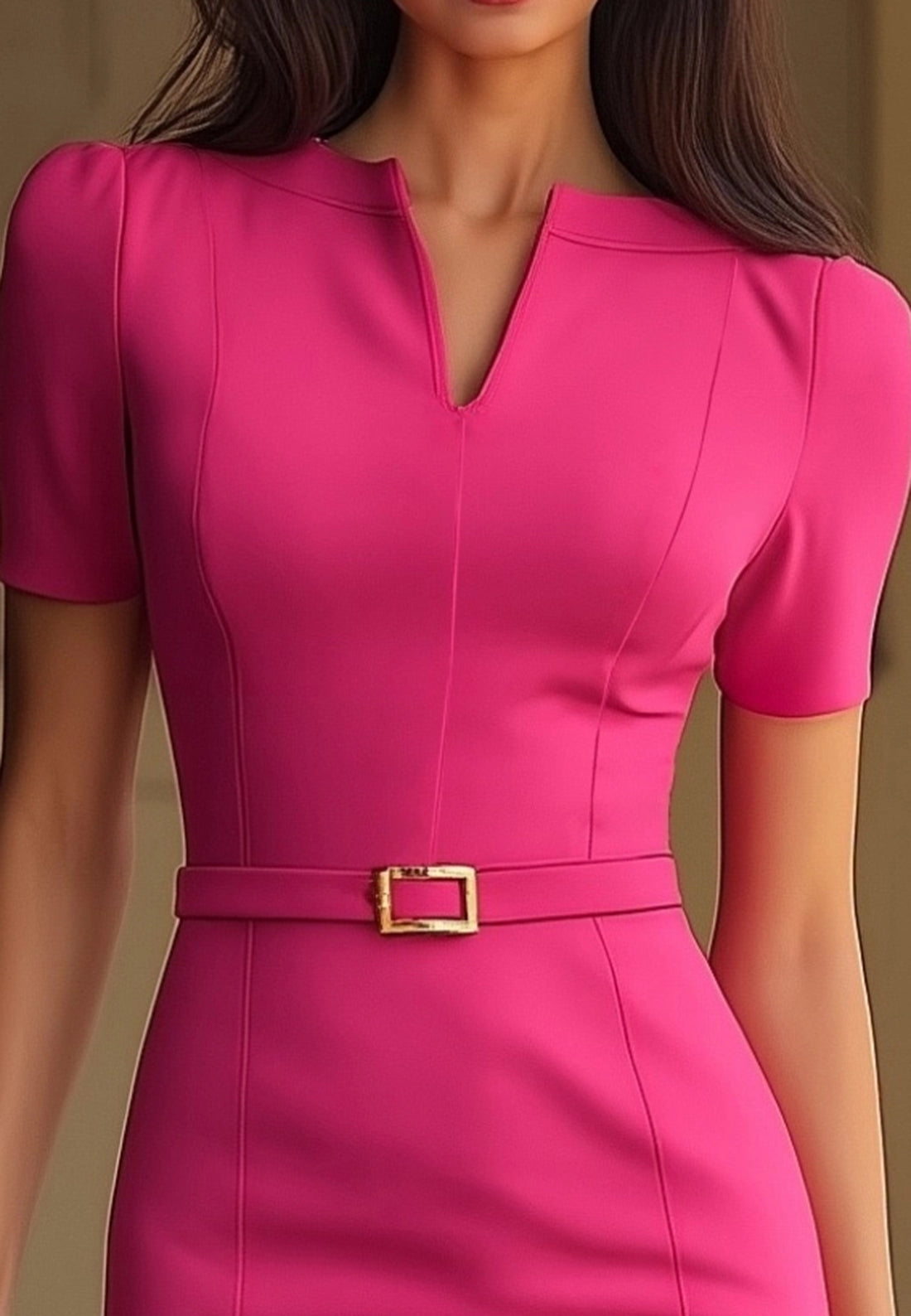 Work Dress Rose Split Neck Belted Knee-Length Dress