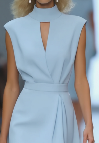 Work Dres Blue Sleeveless Stand Collar Knee-Length Dress