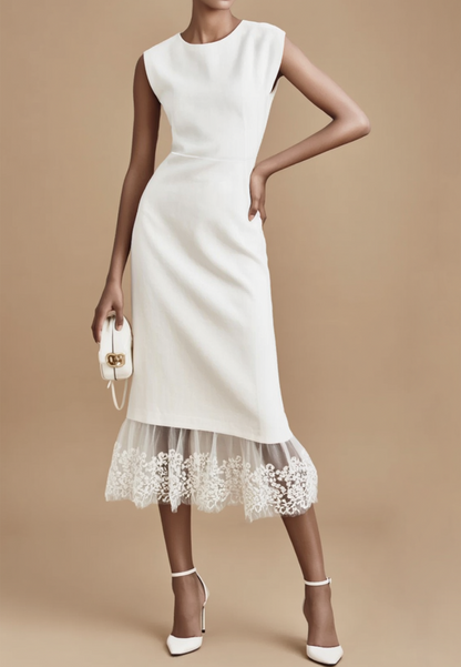 Work Lace Dress White Crew Neck Midi Dress