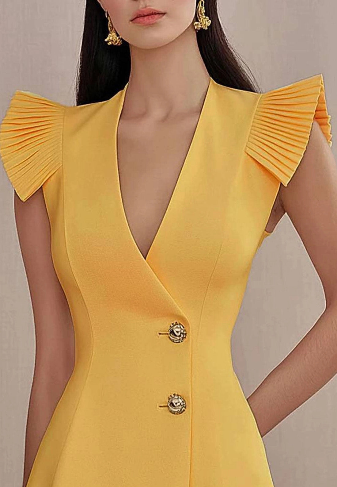 Work Party Dress Yellow Deep V Ruched Sleeve A-Line Mini Dress