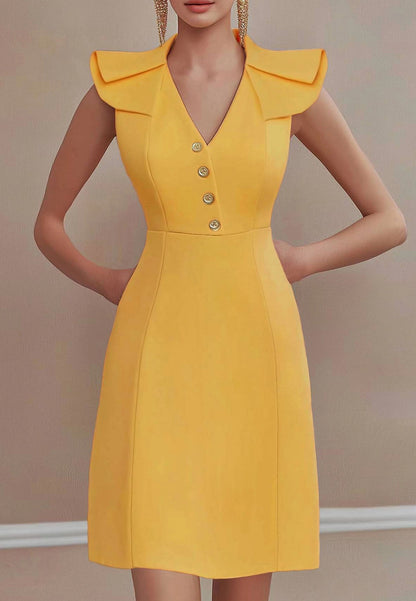 Work Party Dress Yellow V-Neck Ruched Sleeve Mini Dress
