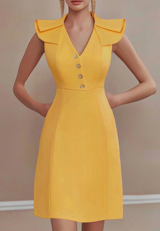 Work Party Dress Yellow V-Neck Ruched Sleeve Mini Dress