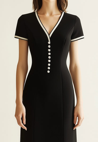 Work Semi-Formal Dress Black V-Neck Short Sleeve Button Mini Dress