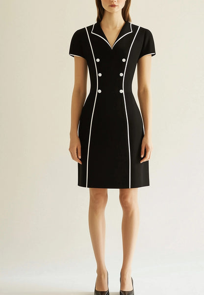 Work Semi-Formal Dress Black V-Neck Short Sleeve Striped Mini Dress
