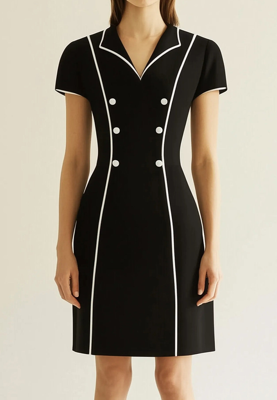 Work Semi-Formal Dress Black V-Neck Short Sleeve Striped Mini Dress