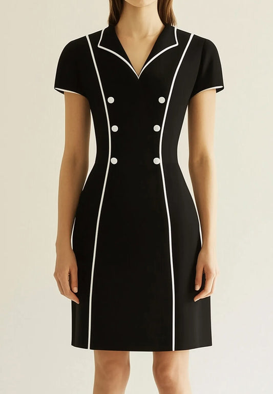Work Semi-Formal Dress Black V-Neck Short Sleeve Striped Mini Dress