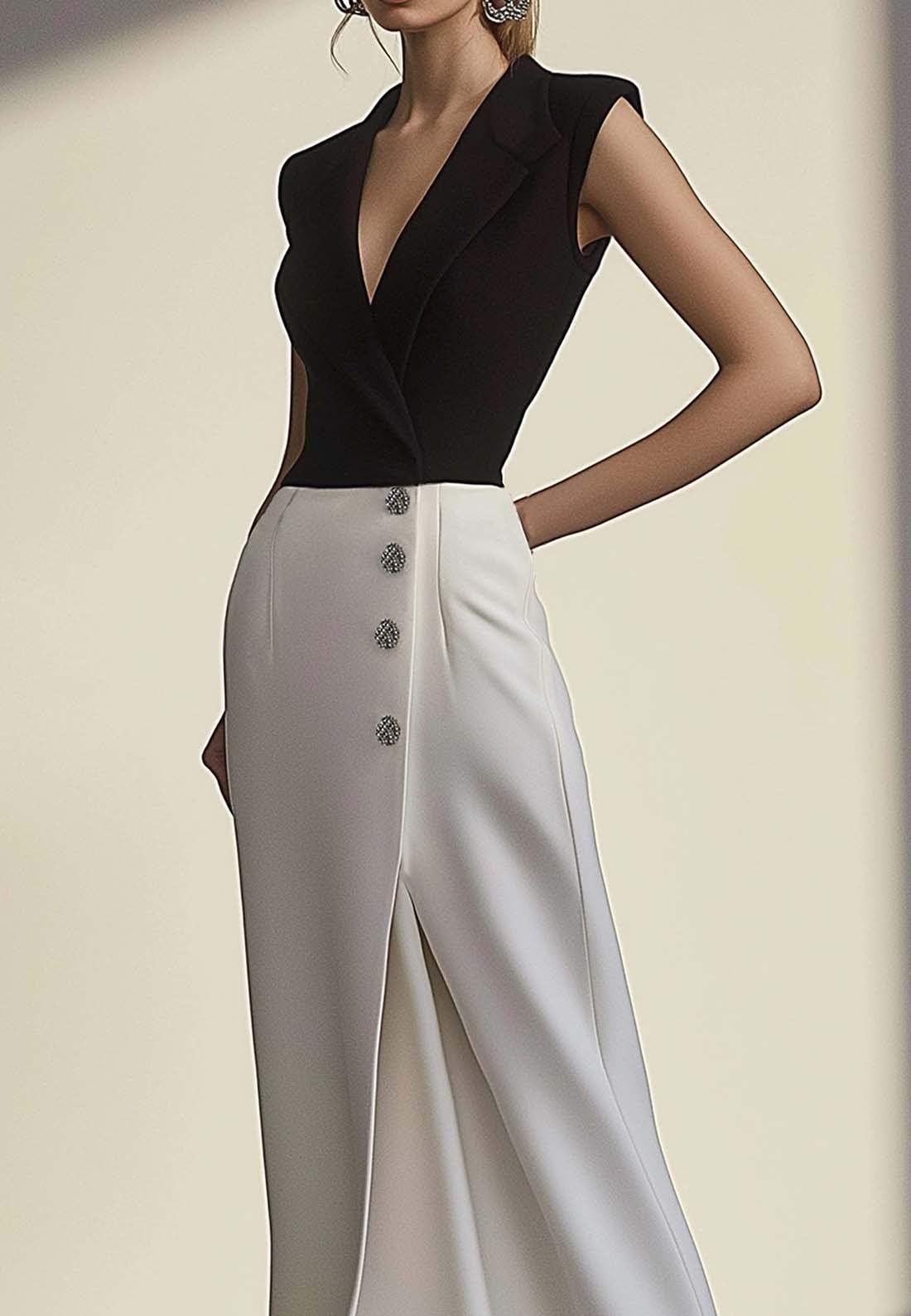 Work Semi-Formal Dress Black and White Lapel V-Neck Maxi Dress
