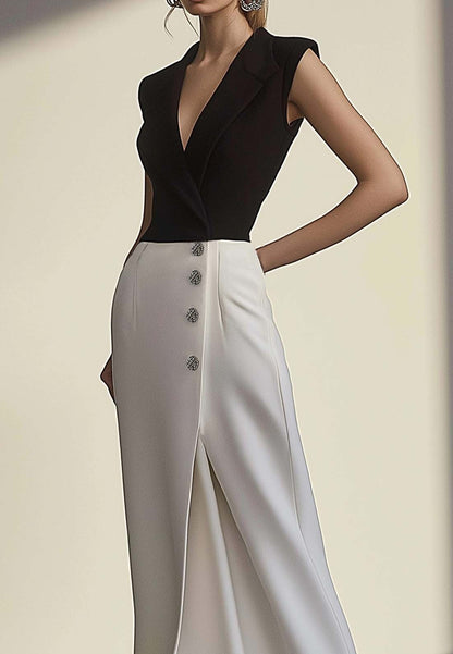 Work Semi-Formal Dress Black and White Lapel V-Neck Maxi Dress
