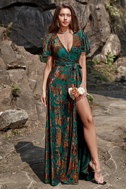 A-Line V Neck Dark Green Burnout Velvet Floor Length Prom Dress with Short Sleeve