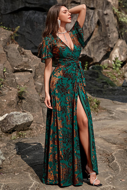A-Line V Neck Dark Green Burnout Velvet Floor Length Prom Dress with Short Sleeve