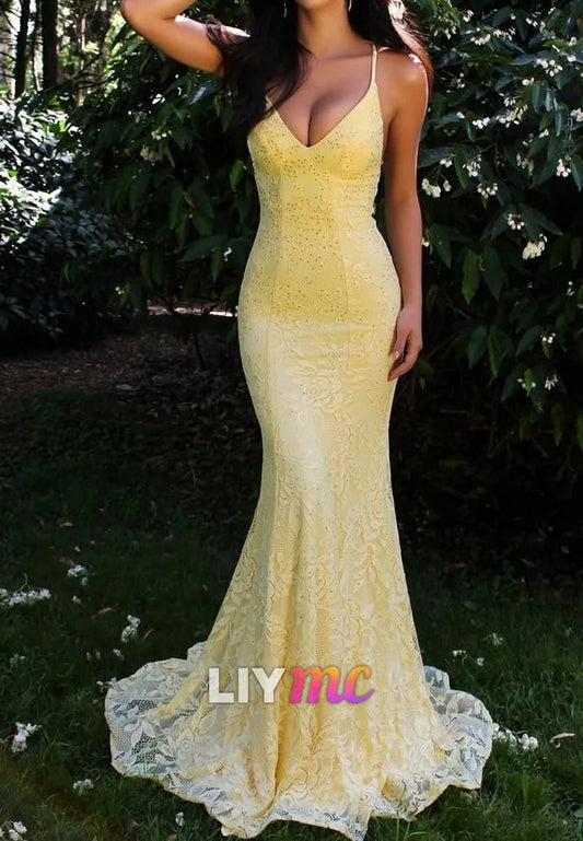 Yellow Mermaid Lace Prom Dresses V-neck Beaded Evening Party Dress