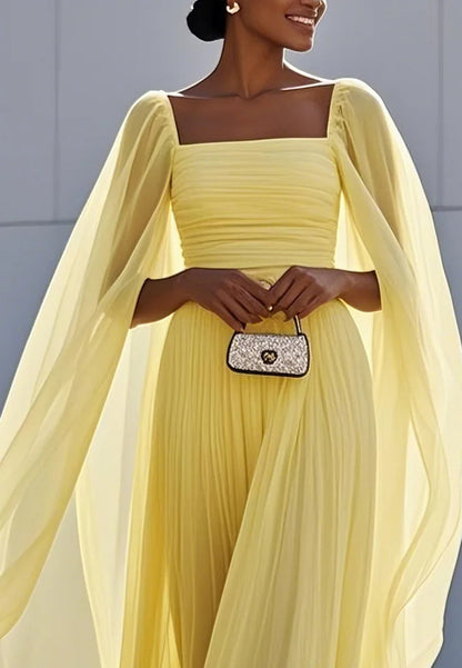 Yellow Pleated Chiffon Dress Square Neck Long Sleeve A-Line Gown