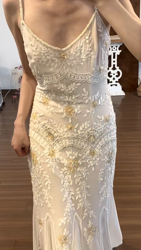 Beading White Vintage Prom Party Dress Evening Dress Birthday Outfit