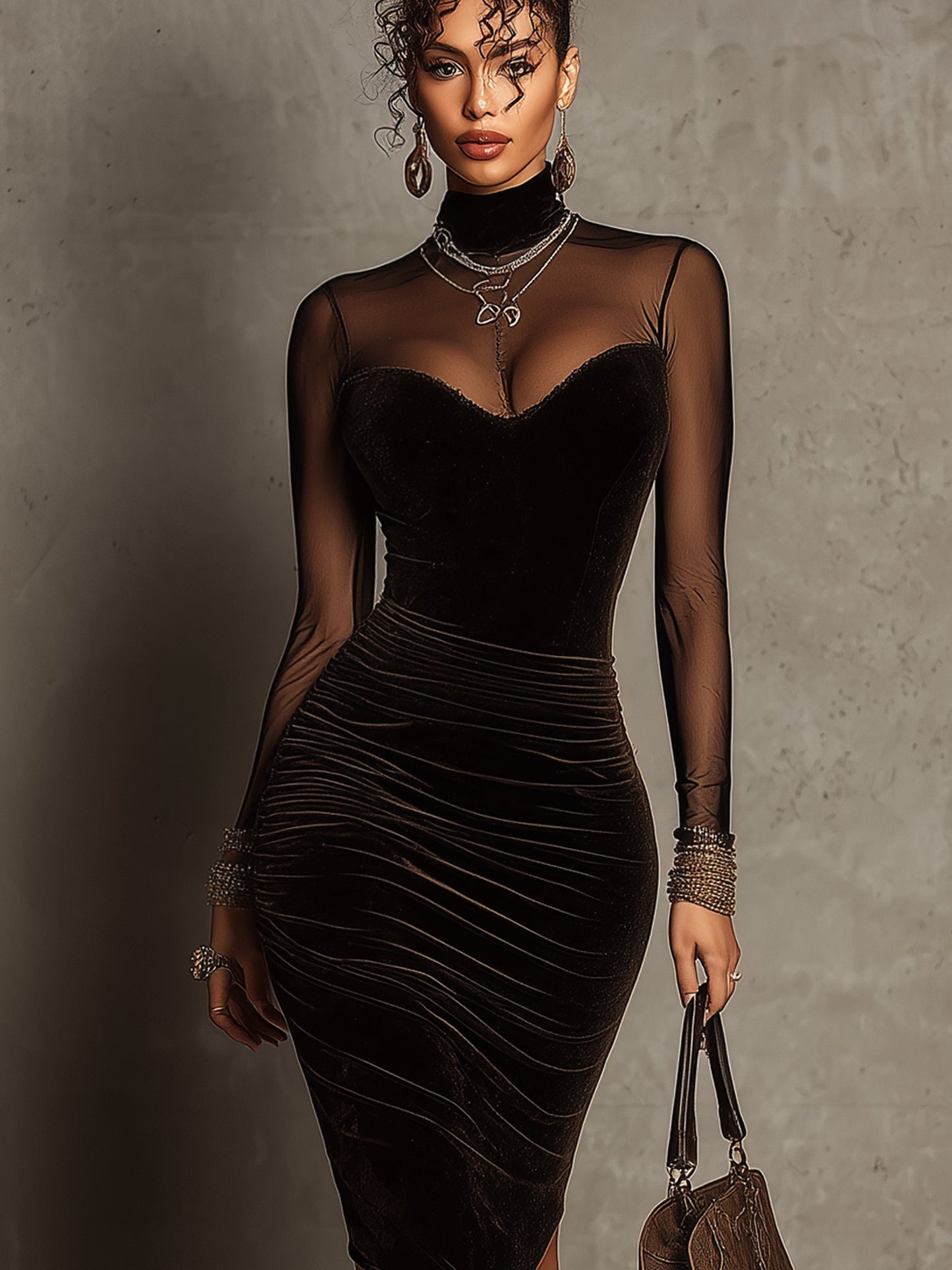 Dark Brown Velvet Mesh Sleeve Long Sleeve Bodycon Dress
