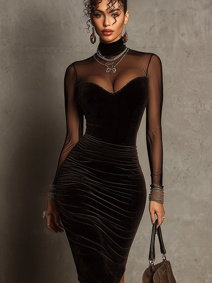 Dark Brown Velvet Mesh Sleeve Long Sleeve Bodycon Dress