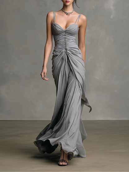 Women's Fashionable Grey Slim-fit Ruched Chiffon Spaghetti Strap Maxi Dress