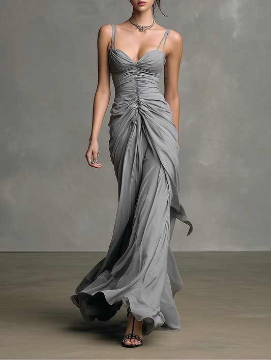 Women's Fashionable Grey Slim-fit Ruched Chiffon Spaghetti Strap Maxi Dress