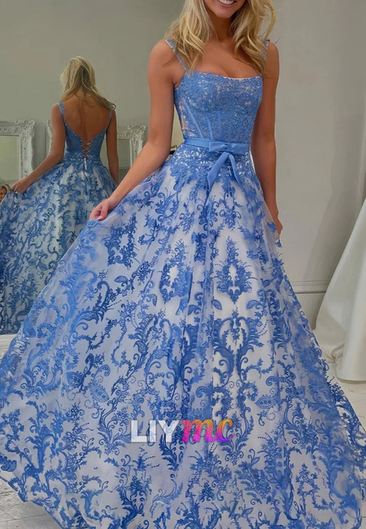 A Line Square Neck Tulle Applique Long Prom Dresses with Lace Appliques