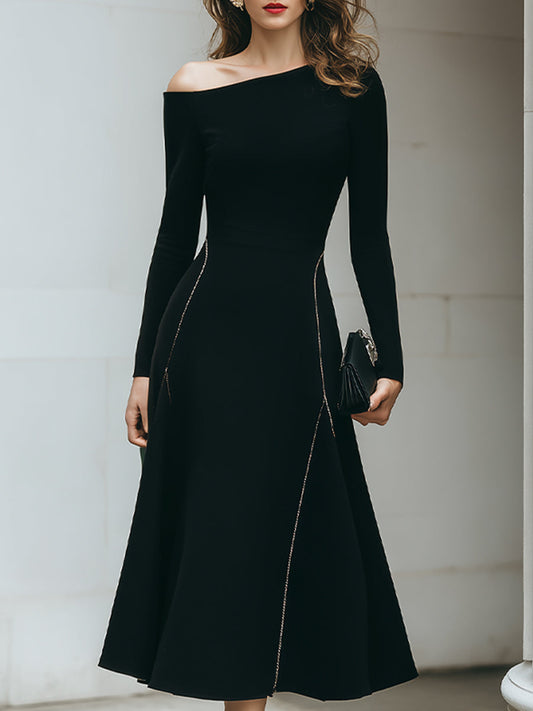 Black Off-Shoulder Midi Dress With Side Zipper Detail