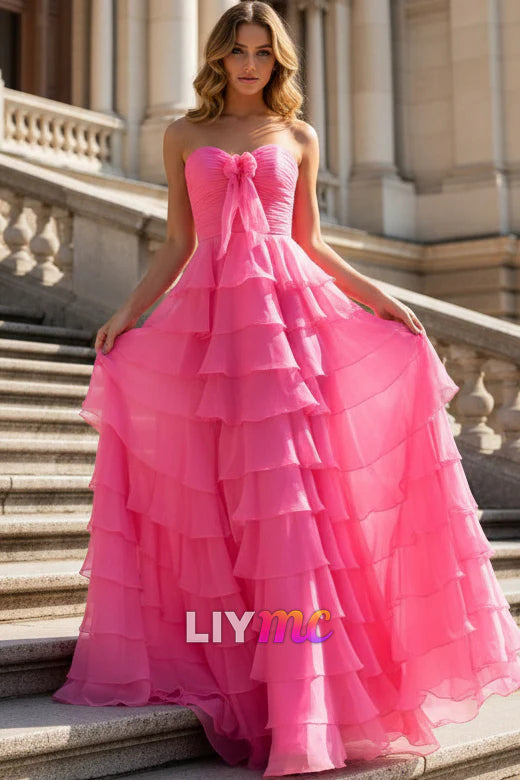 Cute A Line Sweetheart Coral Chiffon Tiered Prom Dress with Slit